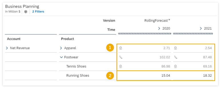 An image of a table with data that can be edited and data that can't be edited due to data locks.