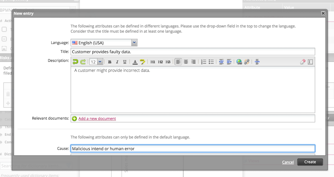 Create a new risk in the Dictionary