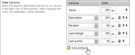 Dialog to select table columns and adjust their width for the Explorer view.