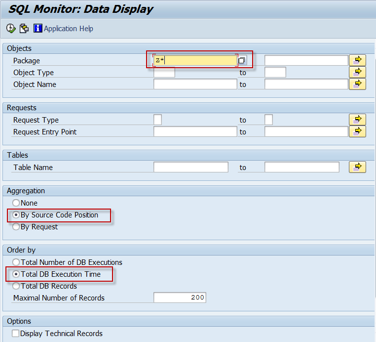 Selection screen for displaying the most expensive custom code, aggregated by source code position