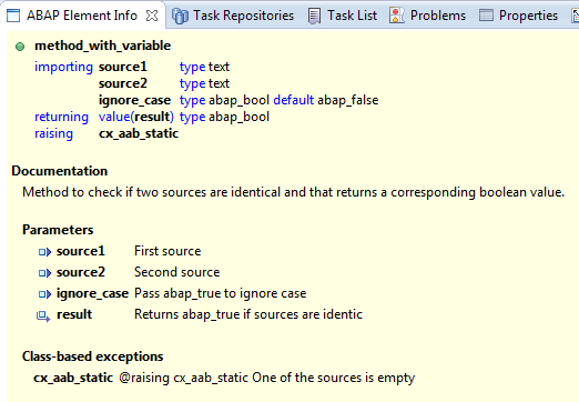 In the ABAP Element Info view, the ABAP Doc comment of the method_with_variable method is displayed