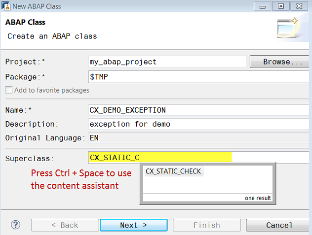 Creation of an exception class with CX_STATIC_CHECK as superclass