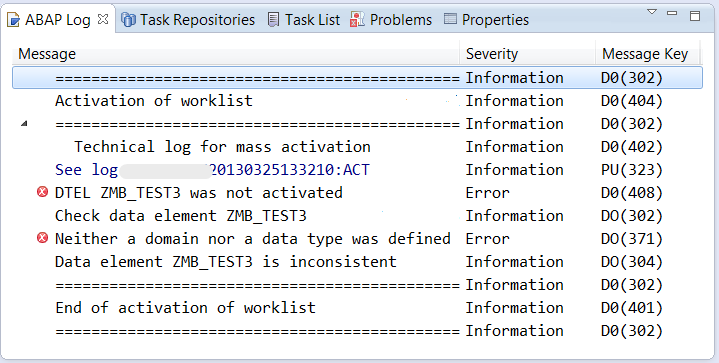 Activation error message that is displayed in the ABAP Log view