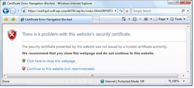 Example of certificate error message in the browser