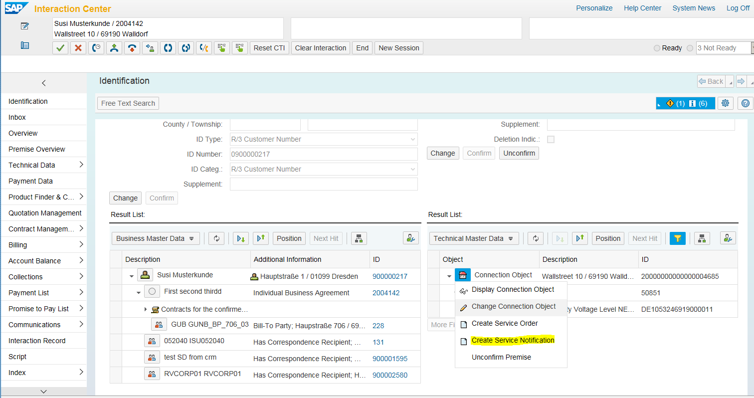 SAP Interaction Center customer identification screen showing business and technical master data