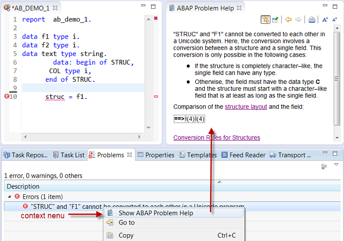 A long-text help for a syntax error is available in the system, you can access it using the context menu in the Problems view.