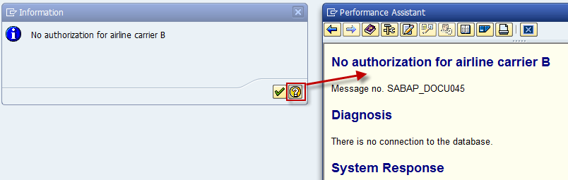 Display of a message in a dialog window. The long text can be opened by clicking the question mark button