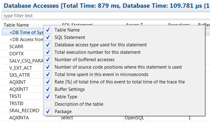 Configuring the view details using the context menu in the table header