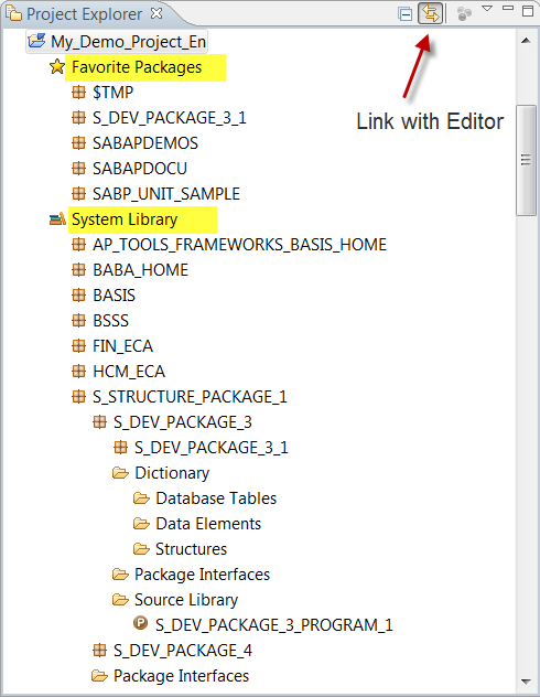 Structure of an ABAP project in the Project Explorer