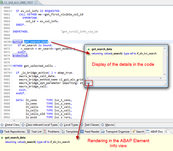 Example of the ABAP Element Info view to display information of ABAP source code