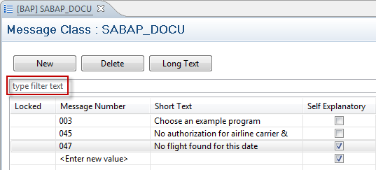 Message class editor with the filer text field