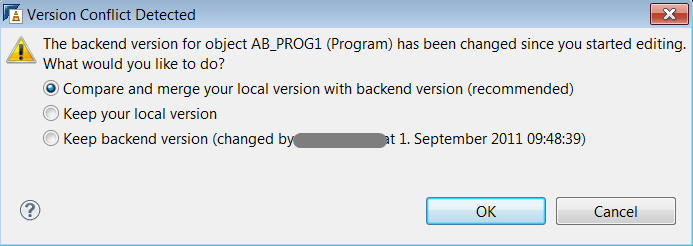 Dialog that appears when version conflict has been detected