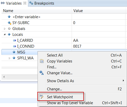 Setting watchpoints in the Variables view of the Debug perspective