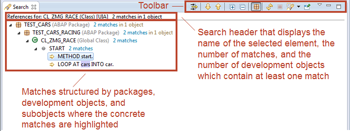 Example of a search view that displays the hits and relationships of an ABAP class