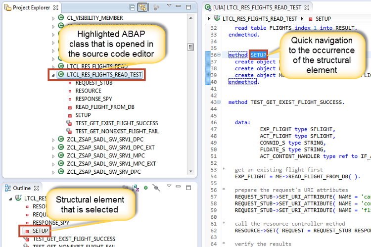 Display of an internal structure of an ABAP class in the Outline view