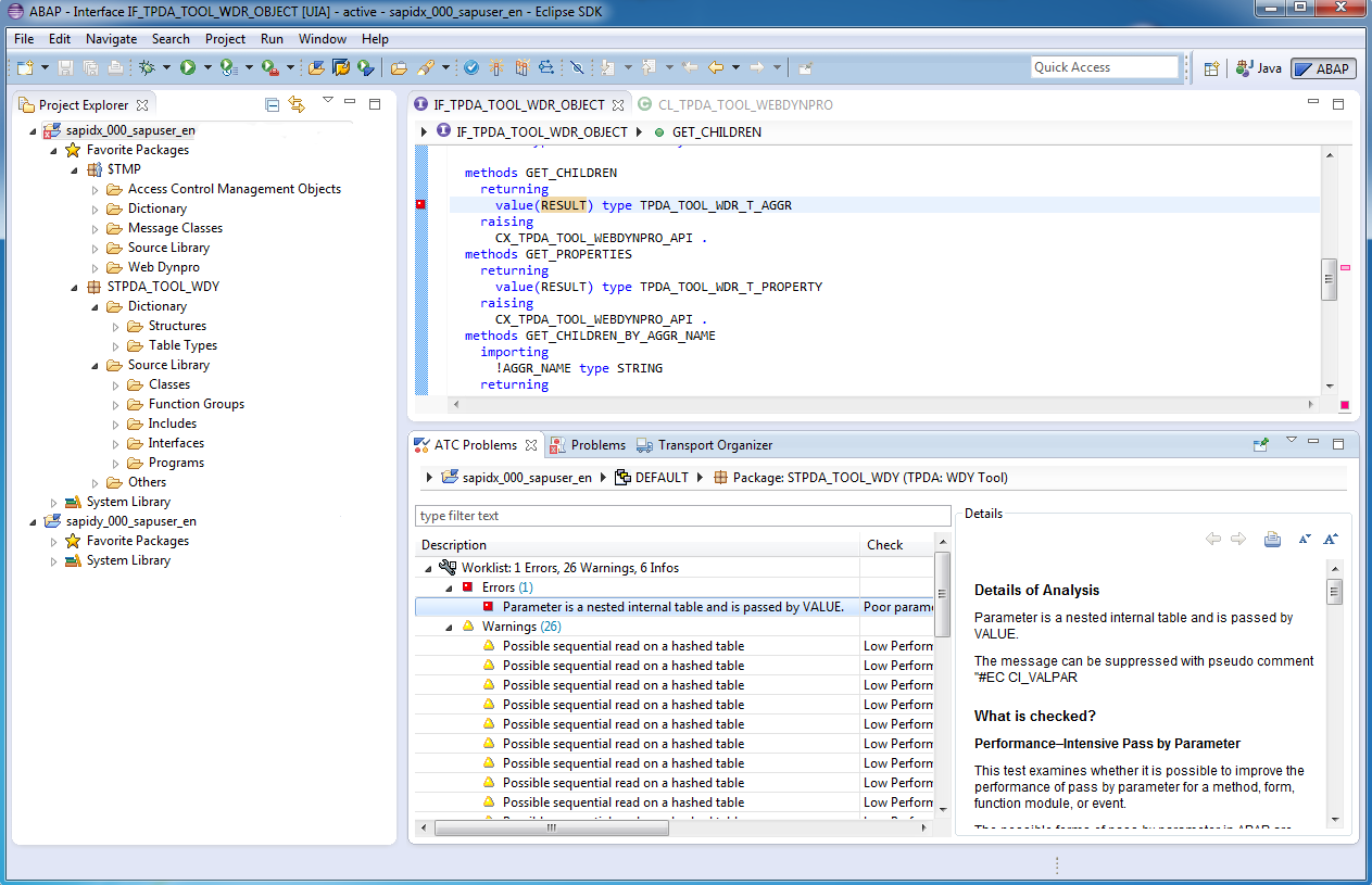 ATC Problems view displays the worklist with ATC findings