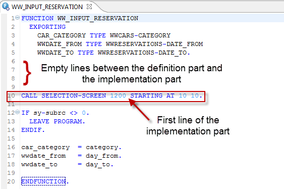 Display of the first line of the implementation part and the added empty lines in the editor of ADT