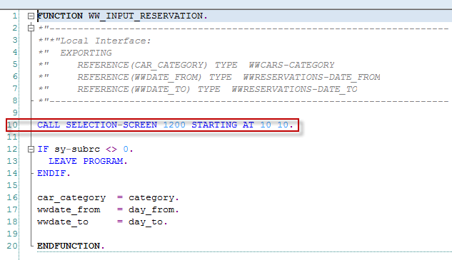 Display of the first line of the implementation part in the Function Builder (SE 80)