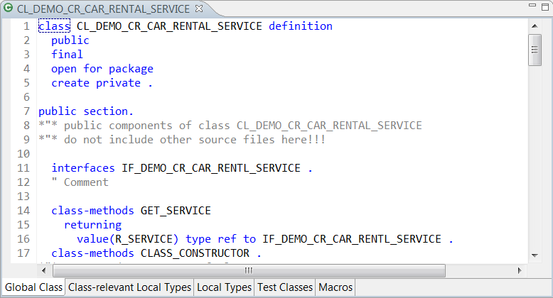 Each individual tab in the class editor represents exactly one source code unit of an ABAP class