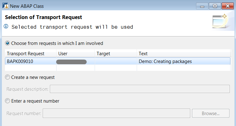 Dialog for creating or selecting a transport request