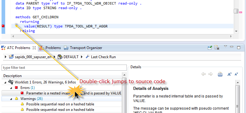 Jumping from the worklist to the source code position affected