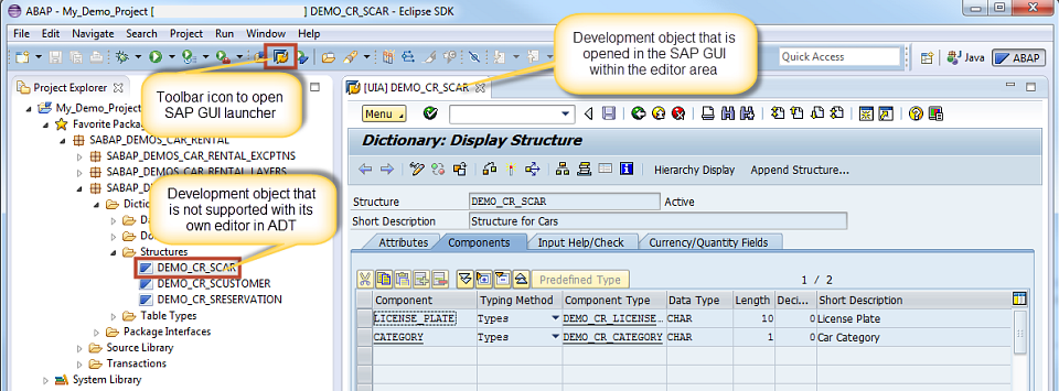 Display of a structure opened in the SAP GUI