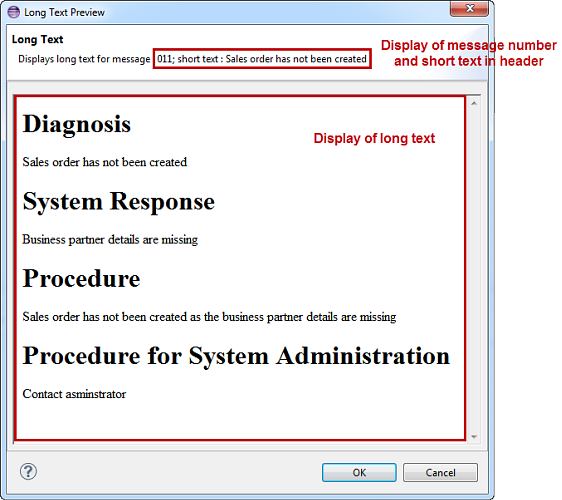 Long Text Preview window with the long text of the selected message