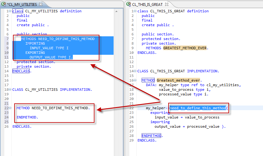 Adding the method definition in the public section and creating the empty implementation part in another ABAP class