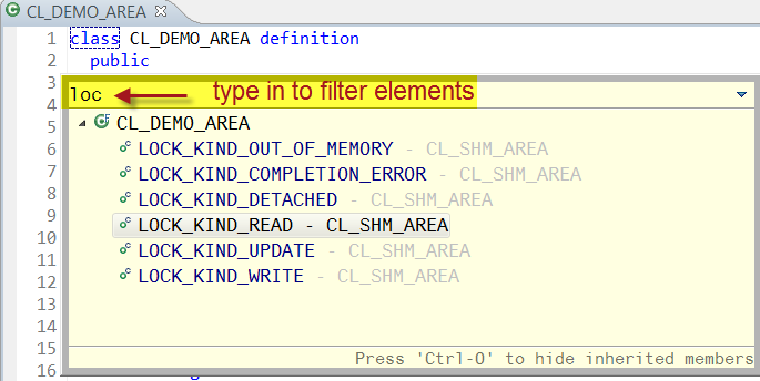 Filtering elements in the quick outline