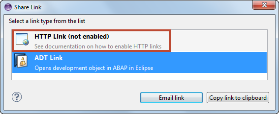 Dialog where the HTTP Link functionality is not available due to missing http access activation