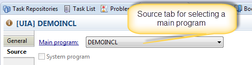 Source tab in the Properties view for selecting a main program