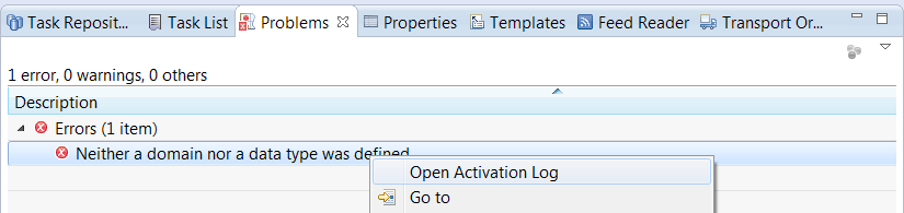 Use the context menu of an error item in Problems view to open the activation log