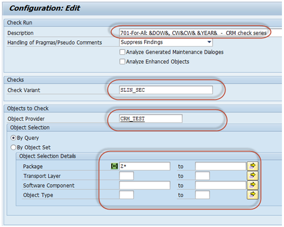 Dialog for configuration of a check run series