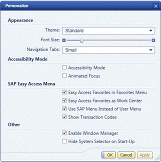 Personalize dialog box