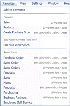 Favorites menu