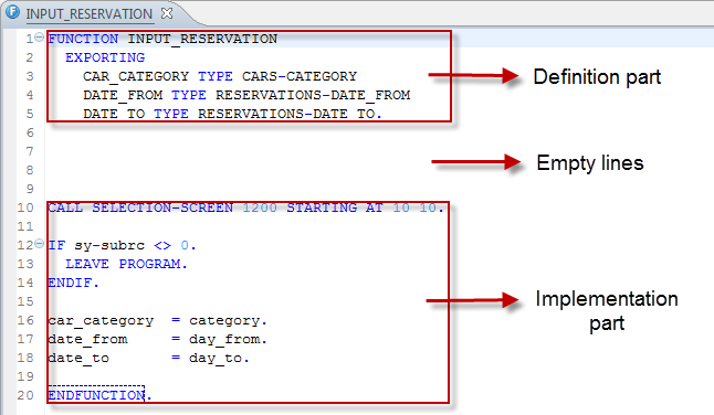 Editor that displays the source code of a function module, divided into definition part and implementation part