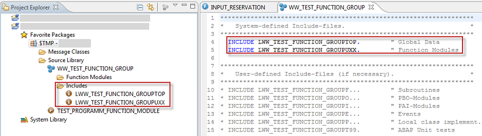 Display of created includes as new folder level in the Project Browser and source code in the definition part